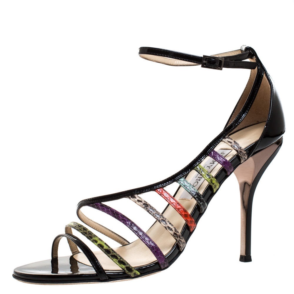 Jimmy Choo Multicolor Patent Leather and Snakeskin Vuka D'orsay Sandals Size 38